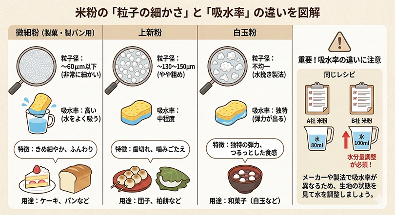 米粉の種類によって「粒子の細かさ」と「吸水率」は大きく異なる